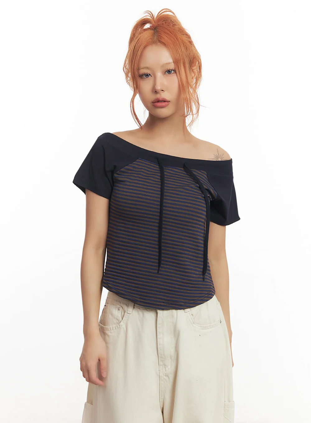 Stripe Off-Shoulder Hooded Top IA517 - Image 14
