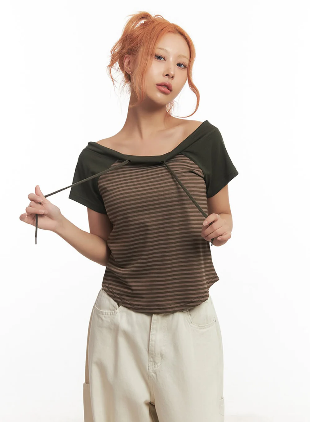 Stripe Off-Shoulder Hooded Top IA517 - Image 8