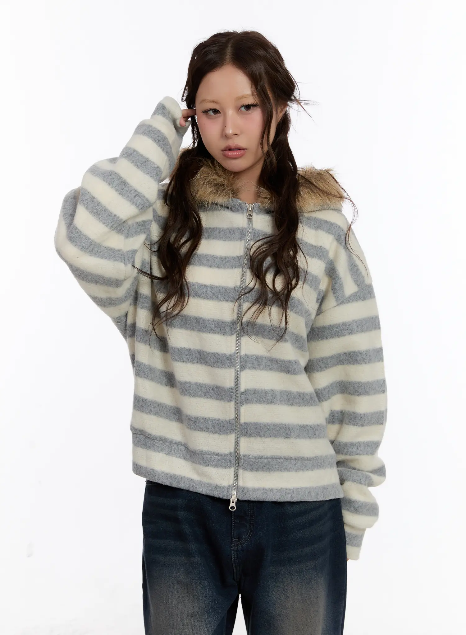 Striped Faux Fur Zip-Up Hoodie CN527 - Image 11