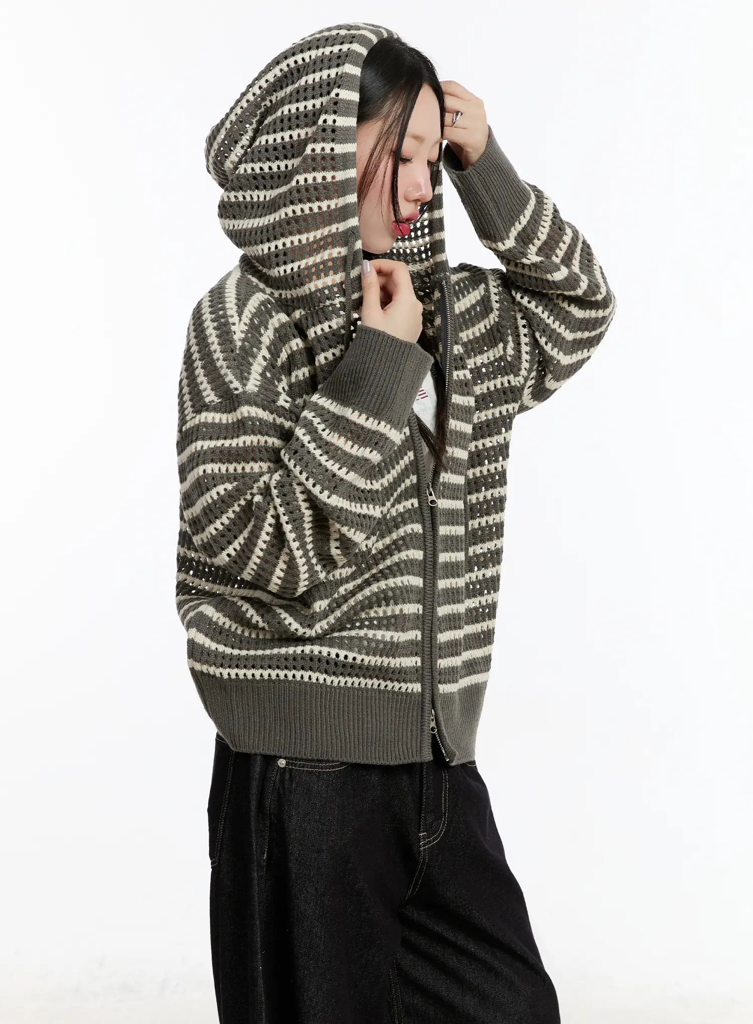 Striped Knit Hooded Cardigan CM511
