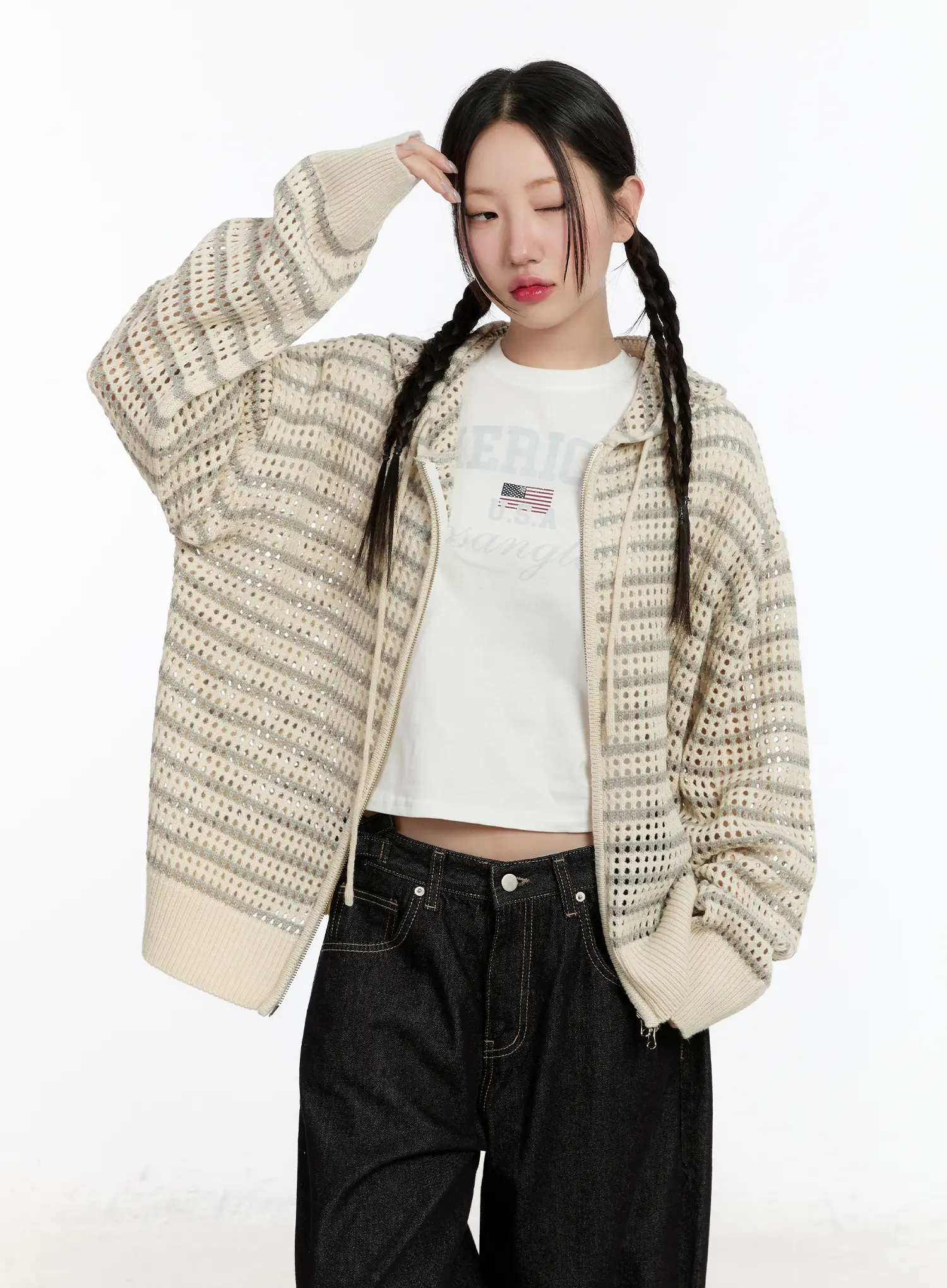Striped Knit Hooded Cardigan CM511 - Image 9