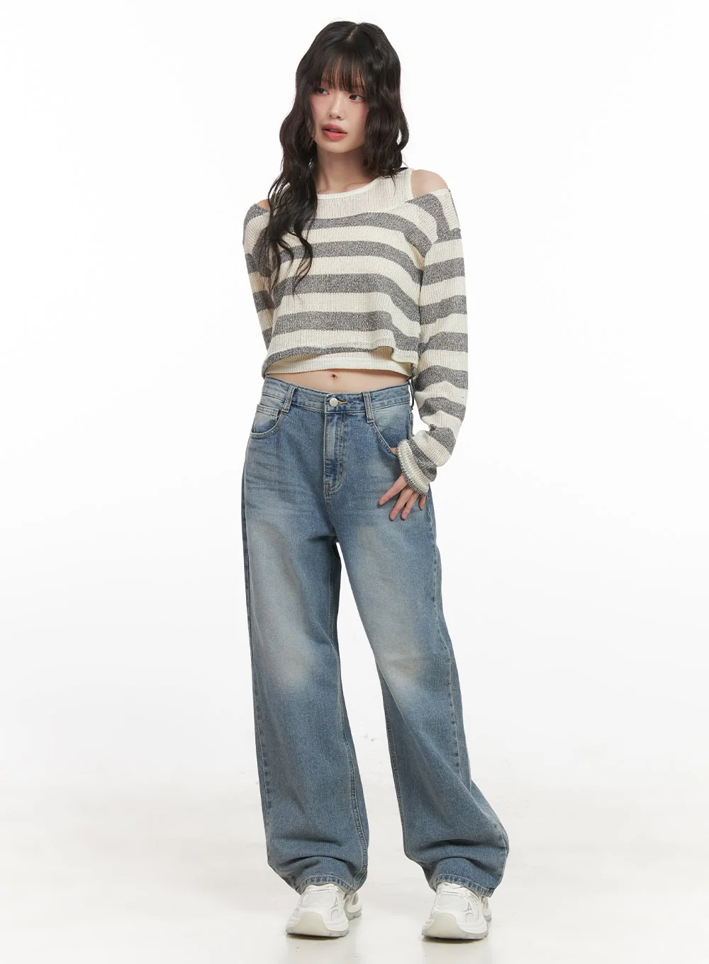 Striped Off-Shoulder Crop Sweater with Tank Top CJ523 - Image 2
