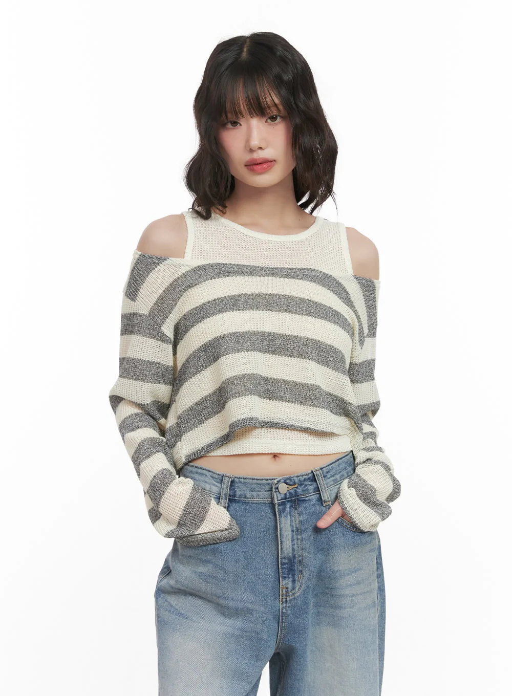 Striped Off-Shoulder Crop Sweater with Tank Top CJ523 - Image 7
