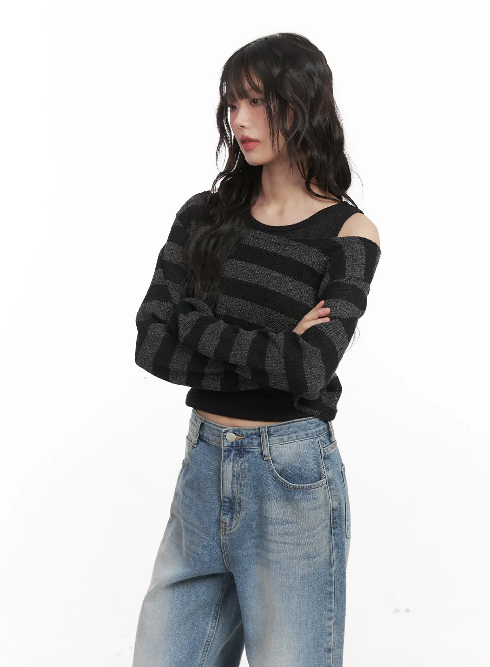 Striped Off-Shoulder Crop Sweater with Tank Top CJ523 - Image 8