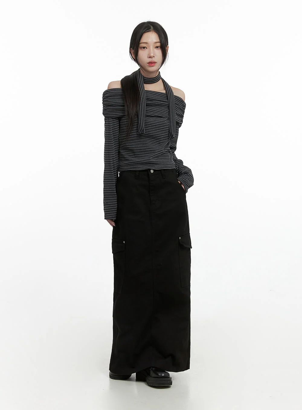 Striped Off Shoulder Crop Top Scarf Set CS430 - Image 2