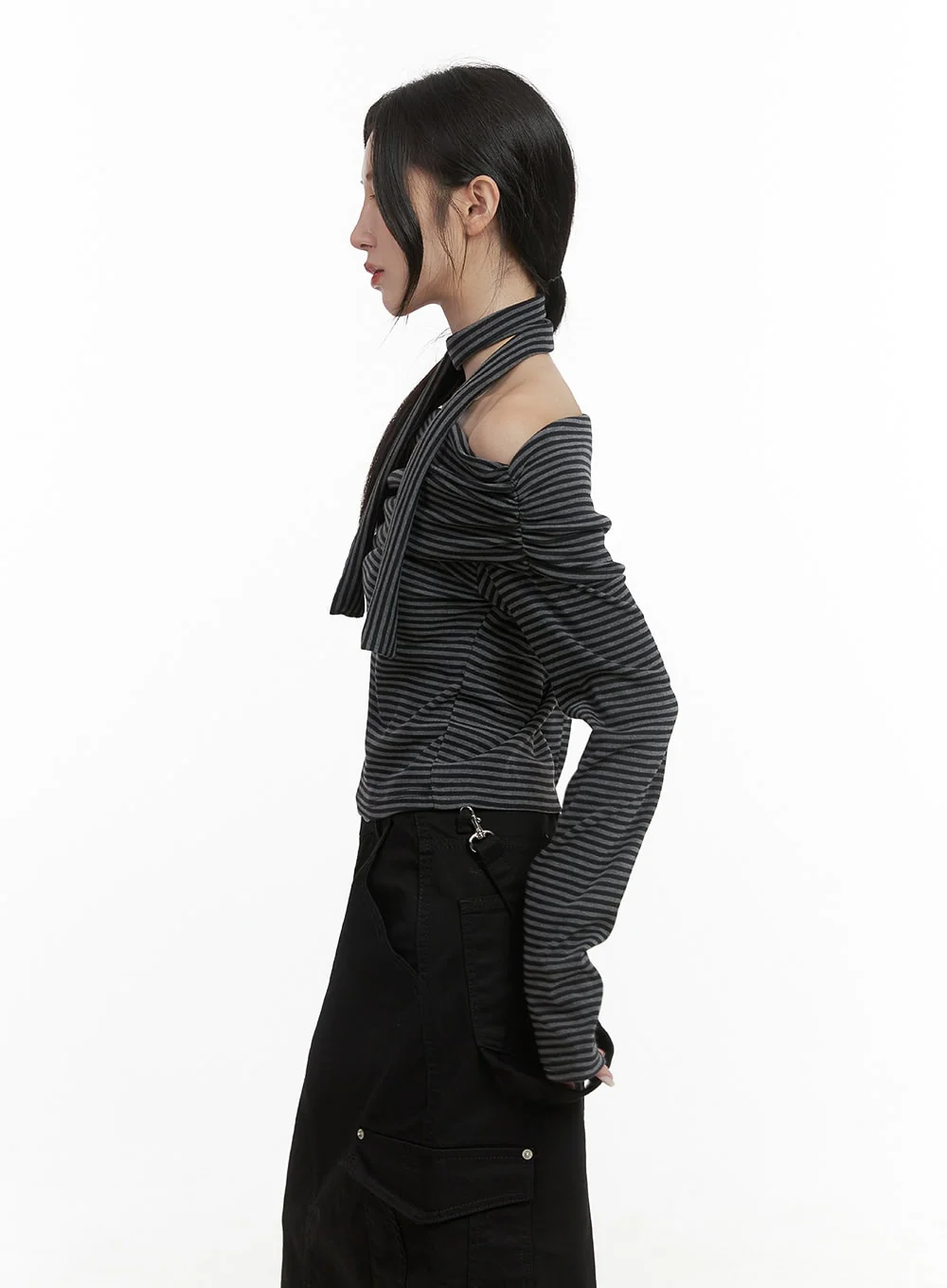 Striped Off Shoulder Crop Top Scarf Set CS430 - Image 4