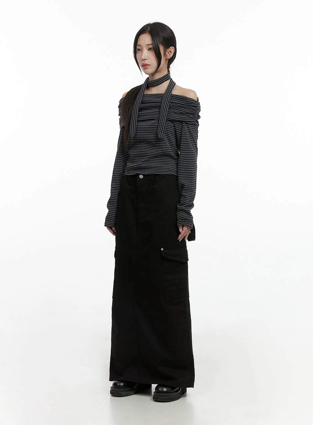 Striped Off Shoulder Crop Top Scarf Set CS430 - Image 5