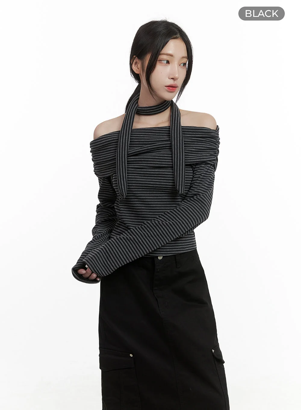 Striped Off Shoulder Crop Top Scarf Set CS430 - Image 8