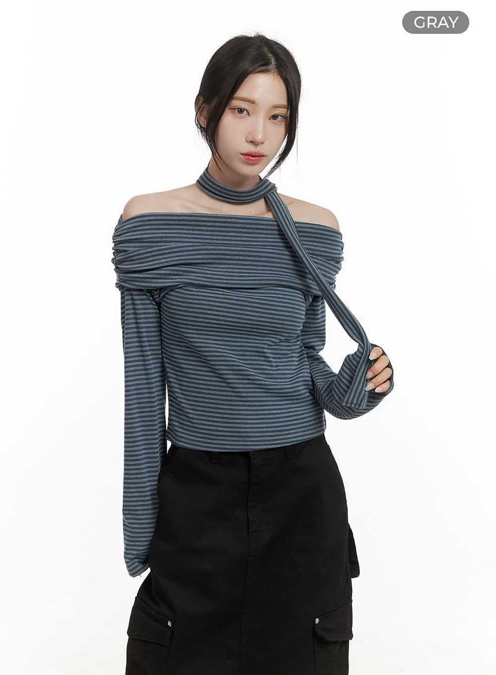 Striped Off Shoulder Crop Top Scarf Set CS430 - Image 9