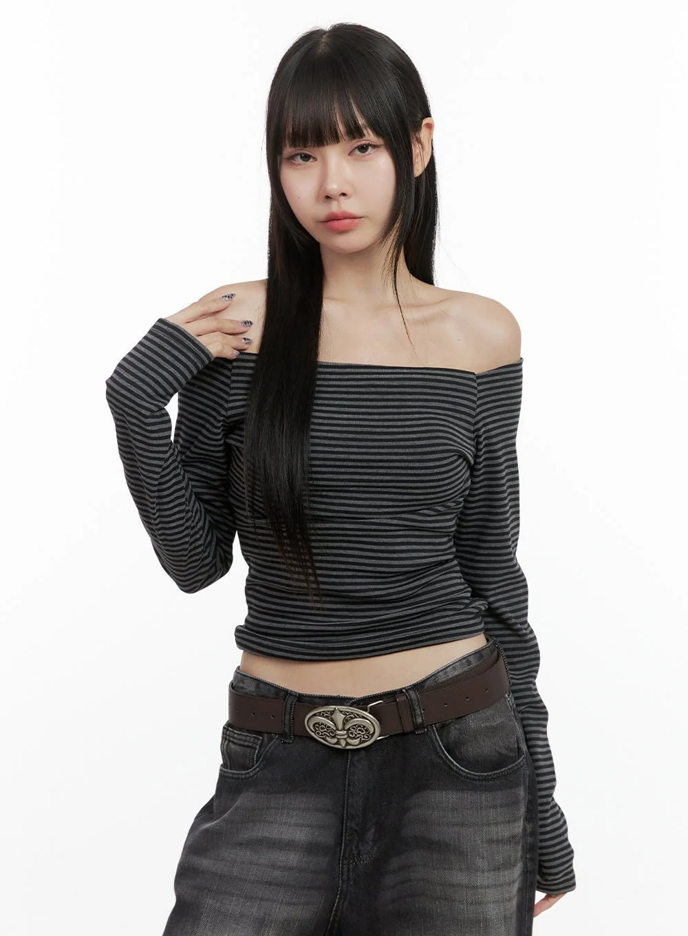Striped Off-Shoulder Long Sleeve Top OO401 - Image 9