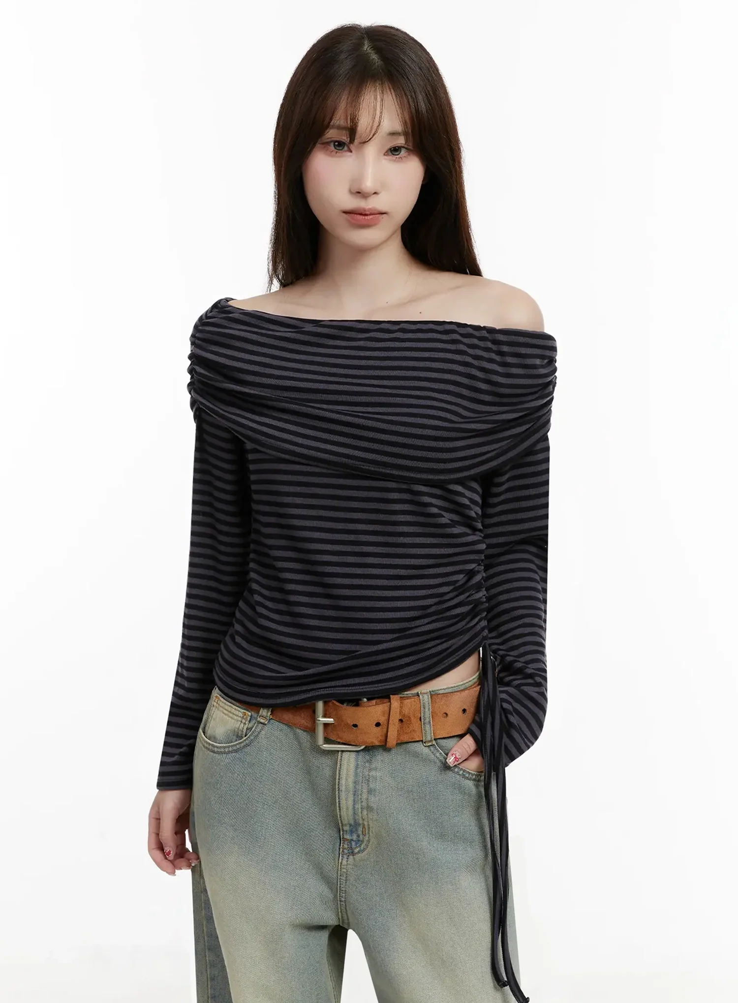 Striped Off-Shoulder Shirred Top IJ516 - Image 12