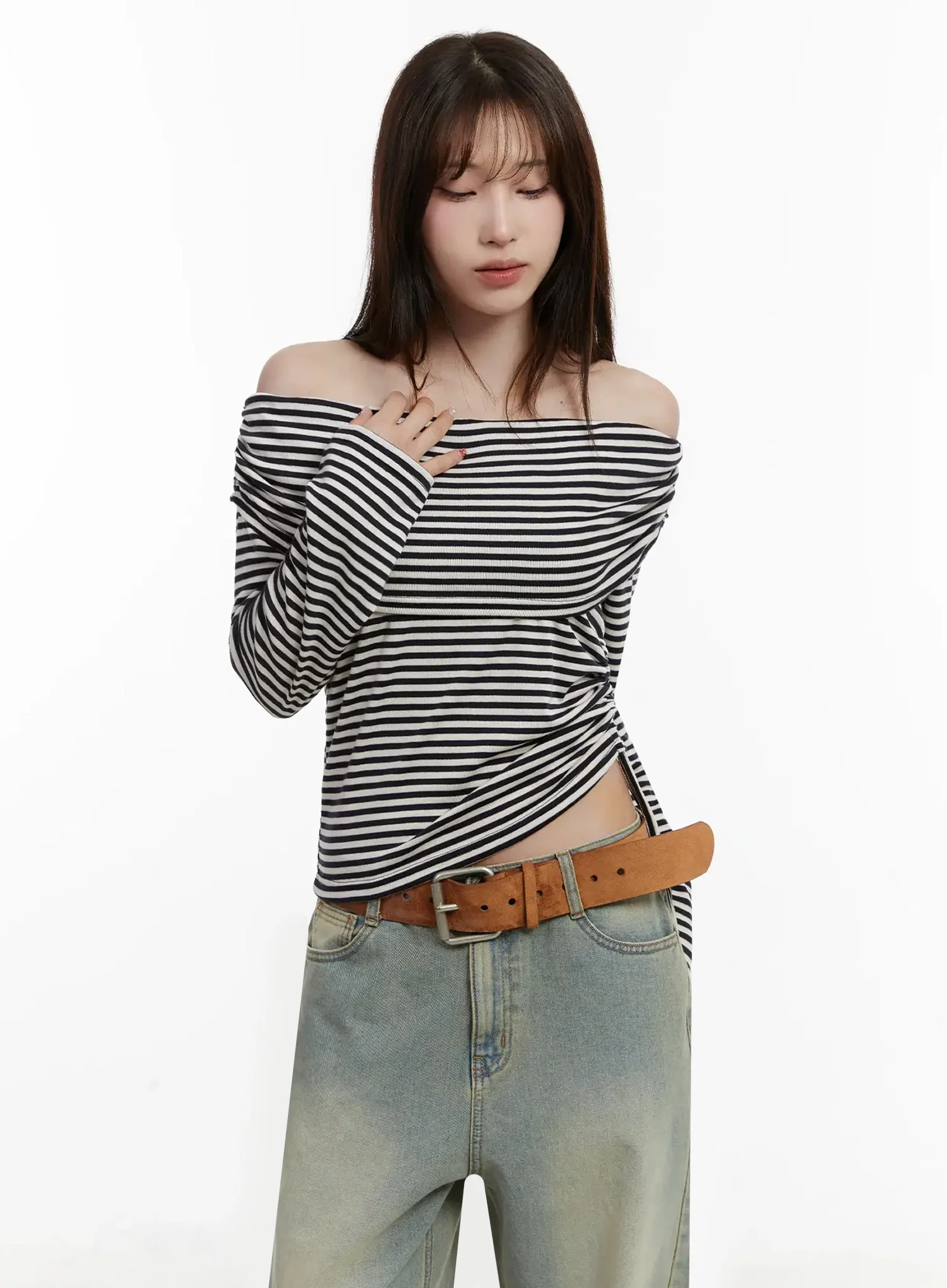 Striped Off-Shoulder Shirred Top IJ516 - Image 13
