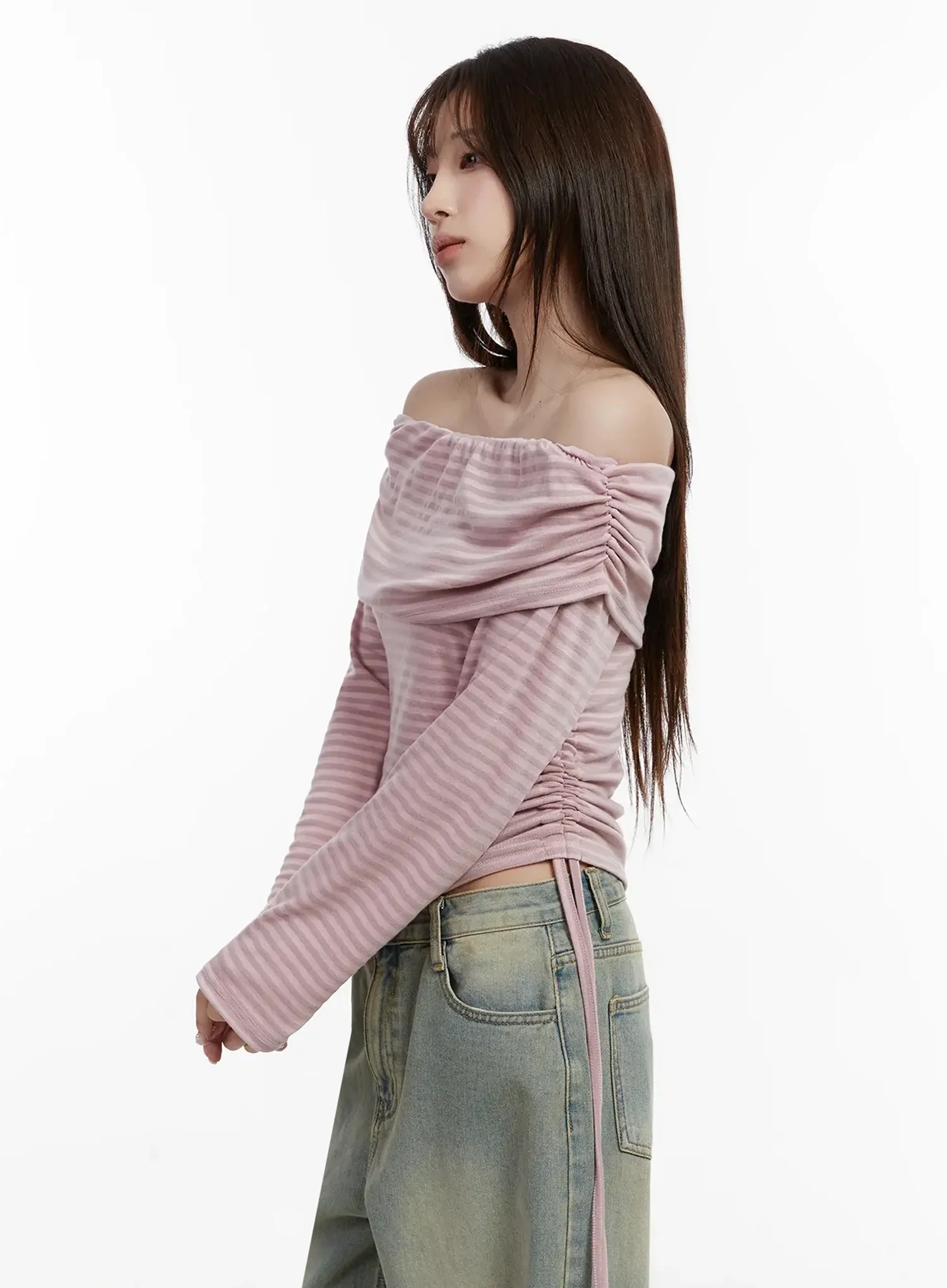 Striped Off-Shoulder Shirred Top IJ516 - Image 6