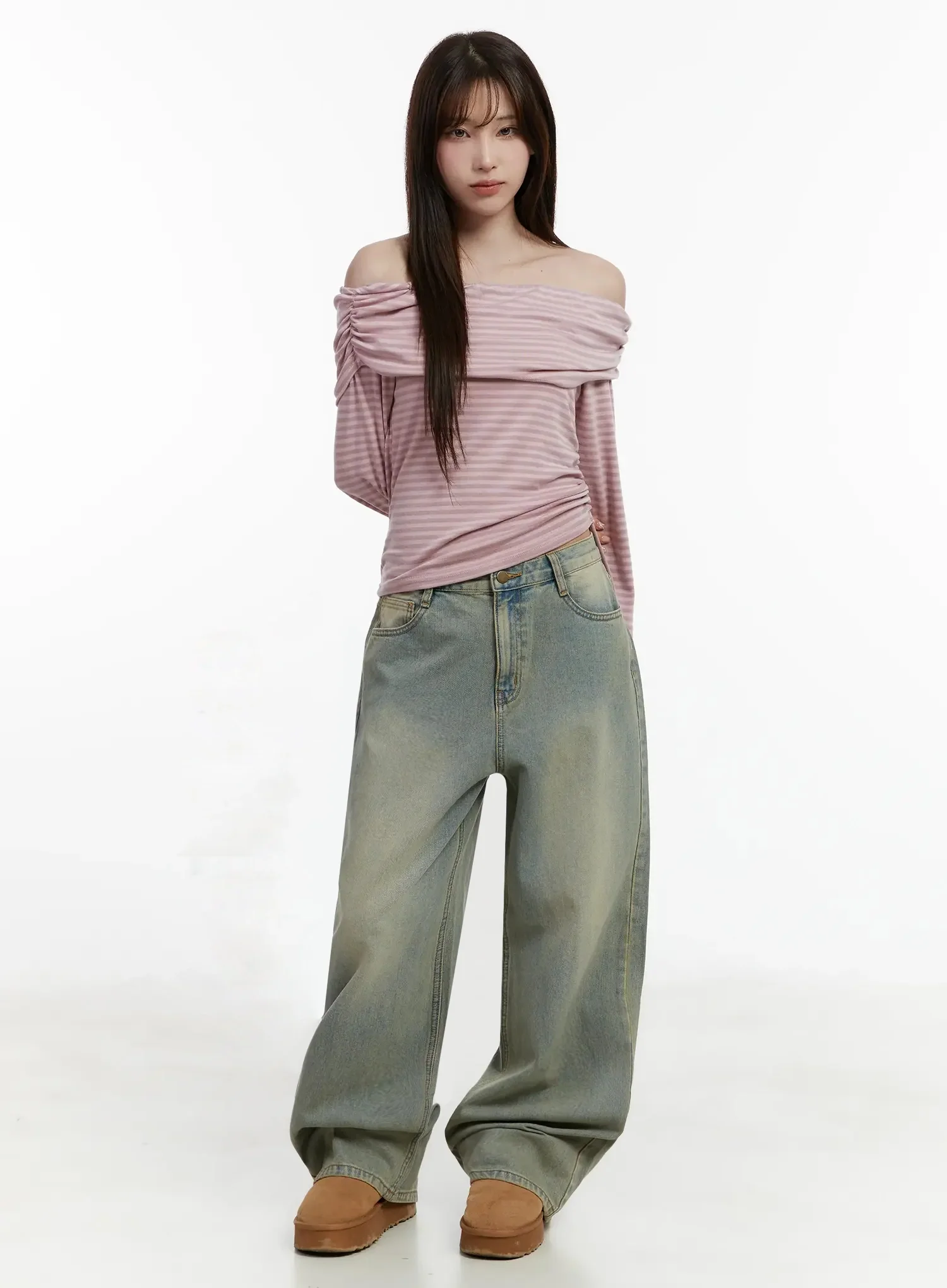 Striped Off-Shoulder Shirred Top IJ516 - Image 8