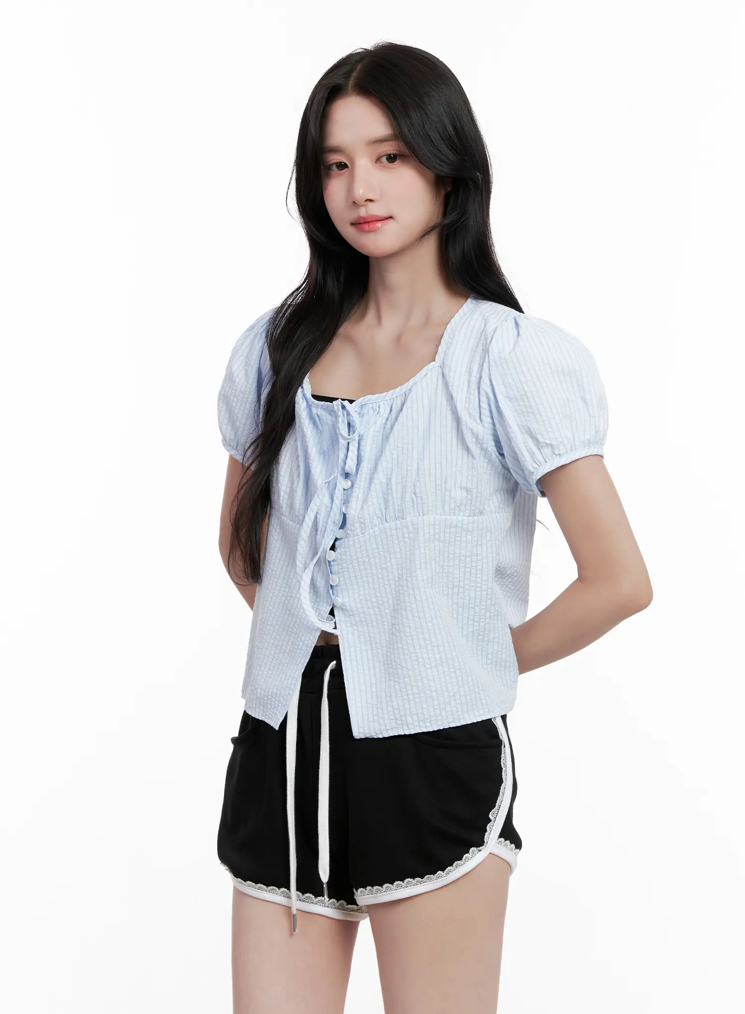Striped Puff-Sleeve Ribbon Top CL516 - Image 2