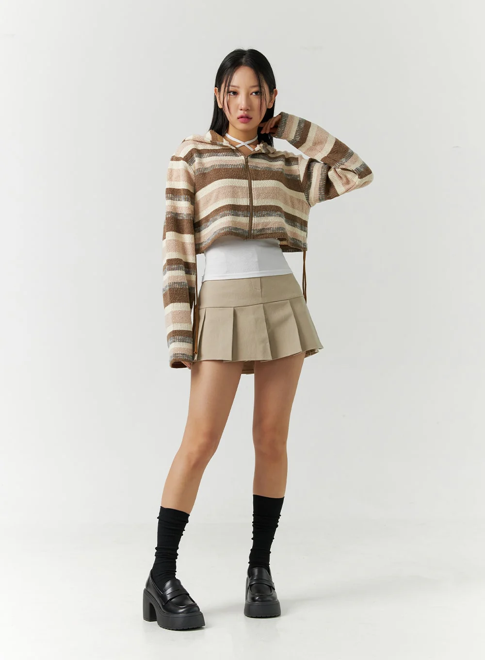 Striped Shirring Hooded Crop Sweater CD301 - Image 2