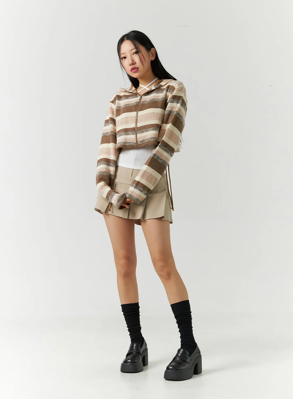 Striped Shirring Hooded Crop Sweater CD301 - Image 6