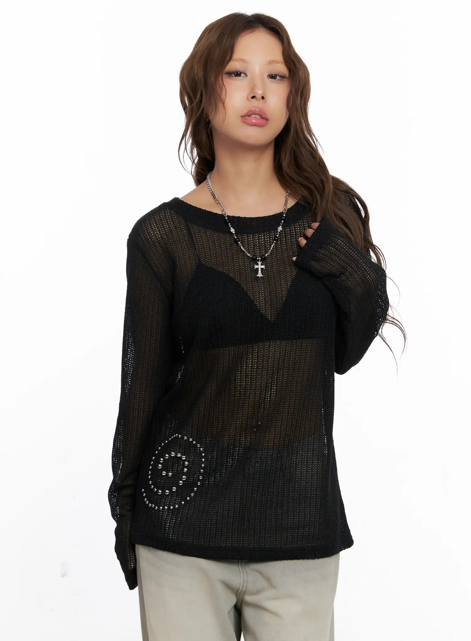 Studded Mesh Knit Long Sleeve Sweater CS522 - Image 2
