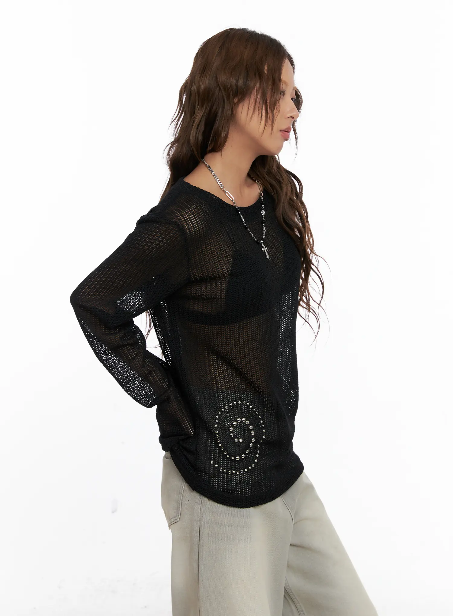 Studded Mesh Knit Long Sleeve Sweater CS522 - Image 4