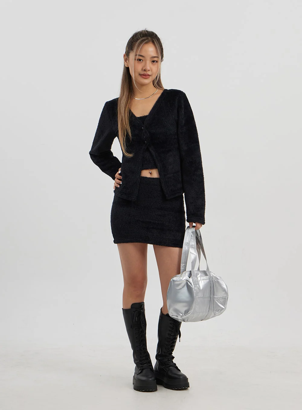 Teddy Cardigan Tube Top And Mini Skirt Set CJ325 - Image 8