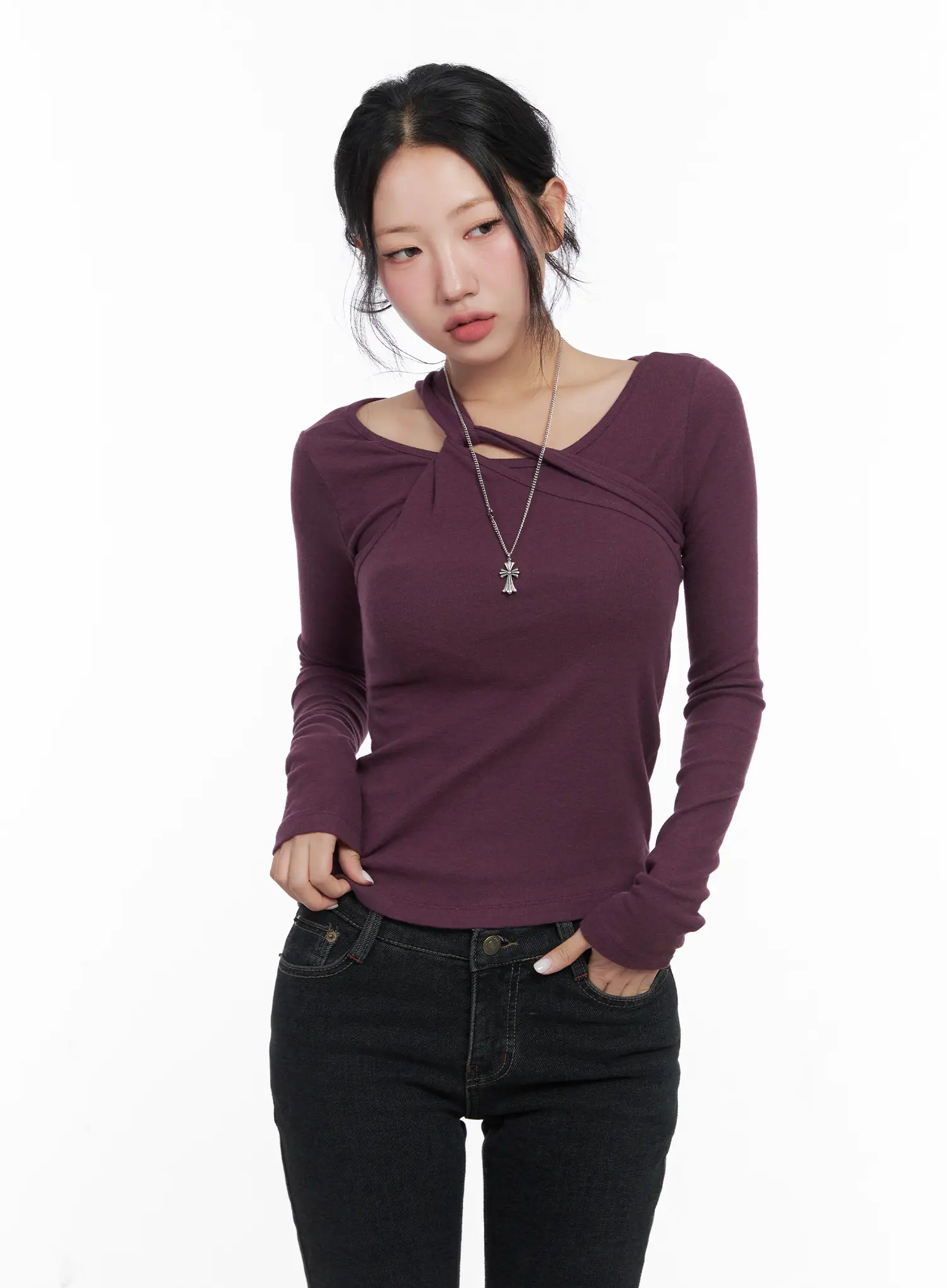 Two-Way Cross Neck Long Sleeve Top CN514 - Image 2