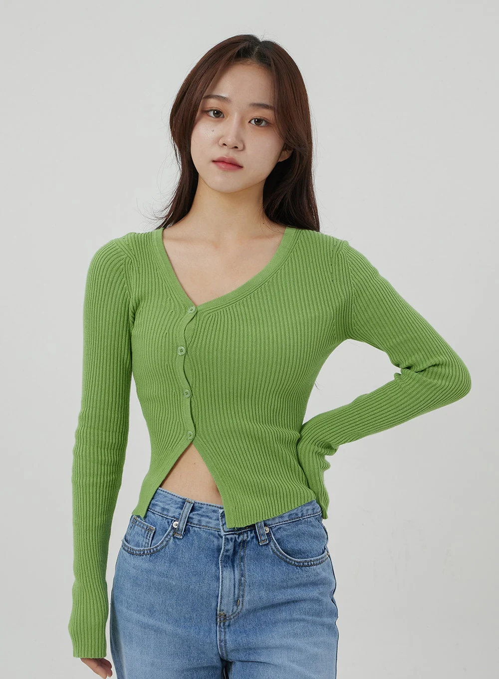 Unbalanced Ribbed Knit Button Cropped Top OJ319 - Image 2