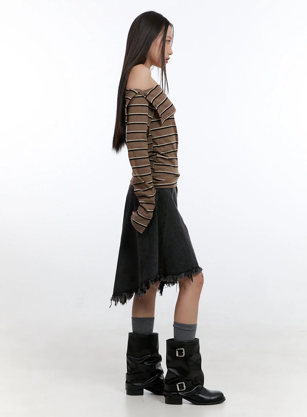Unbalanced Washed Denim Midi Skirt CN401 - Image 3