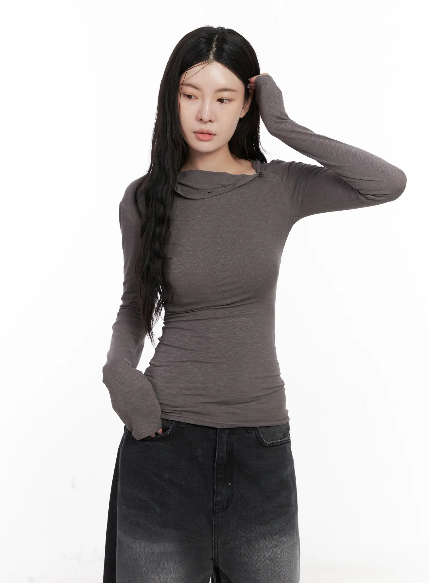 Unsymmetrical Neck Long Sleeve Tee CN513 - Image 7