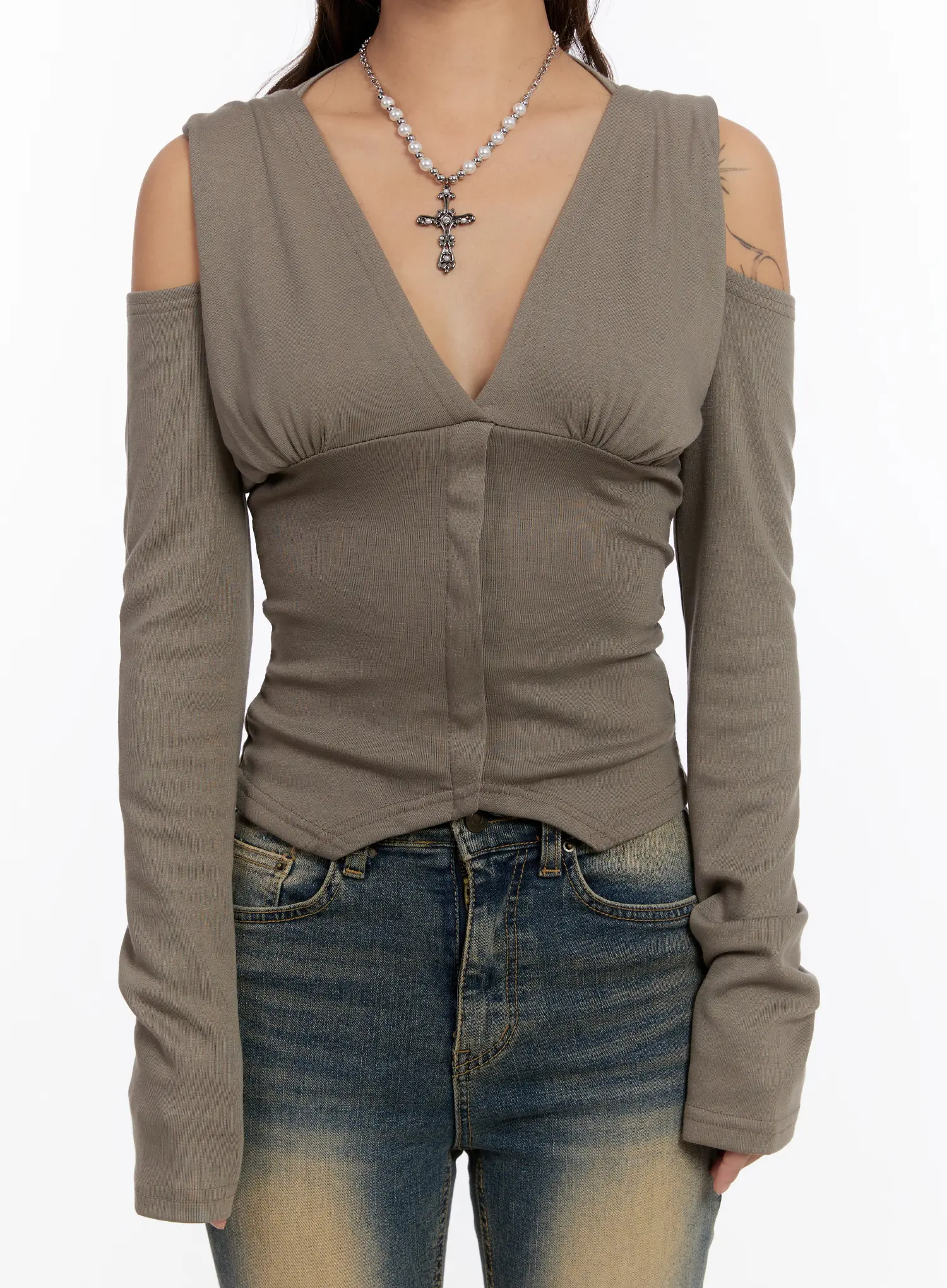 V-Neck Cut-Out Hooded Long Sleeve Top CN527 - Image 3