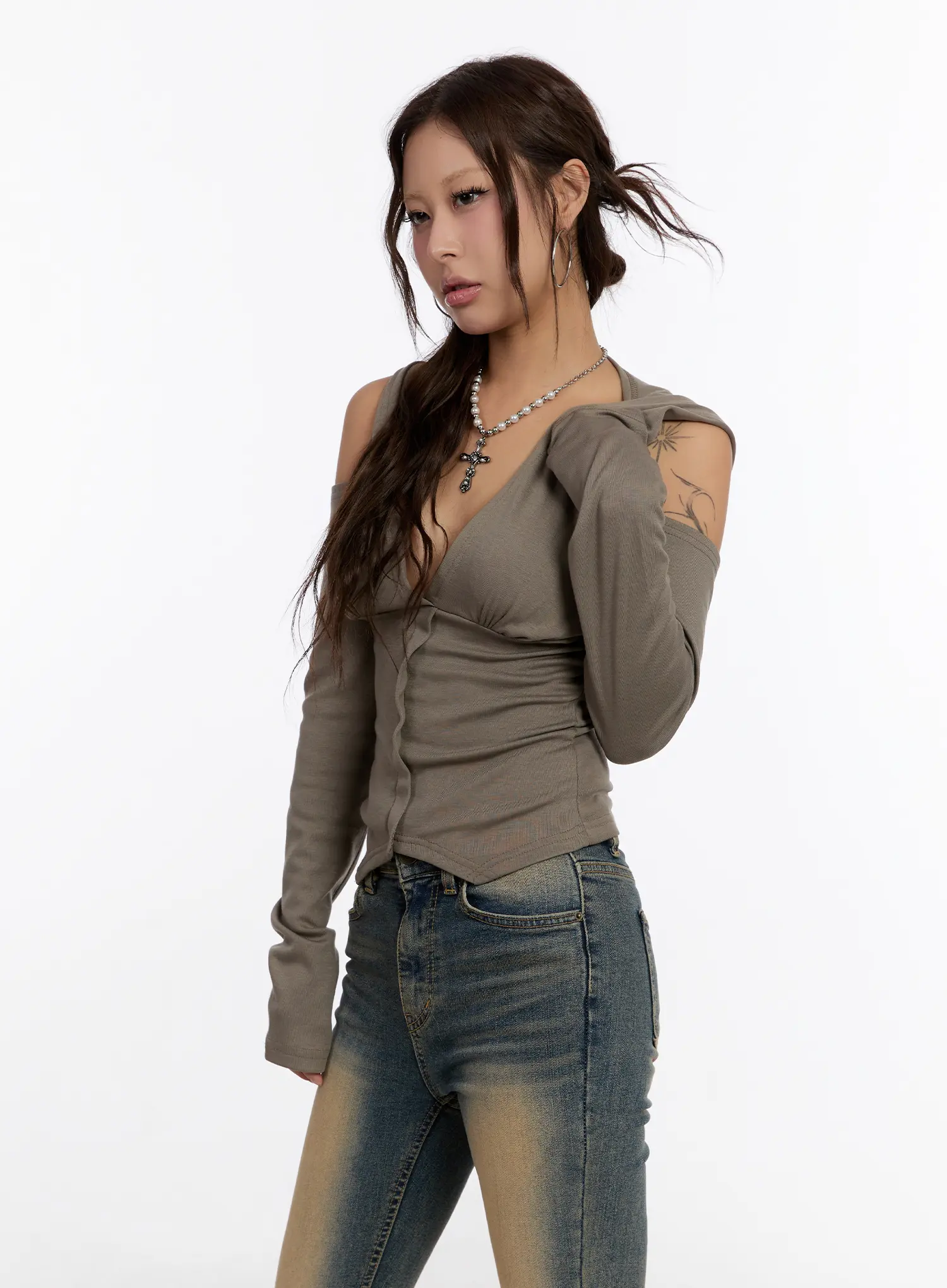 V-Neck Cut-Out Hooded Long Sleeve Top CN527 - Image 5