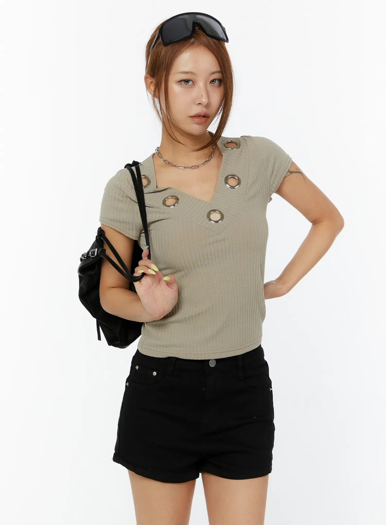 V-Neck Eyelet Ribbed Tee CY521