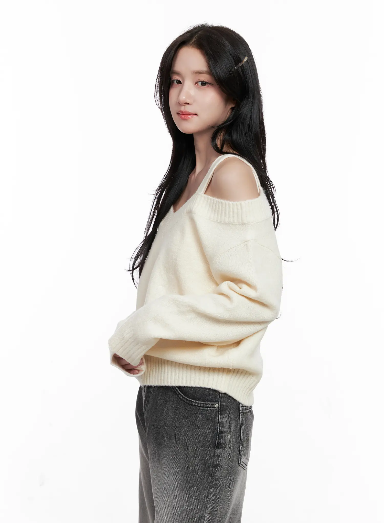 V-Neck Off-Shoulder Knit Sweater CO524 - Image 2