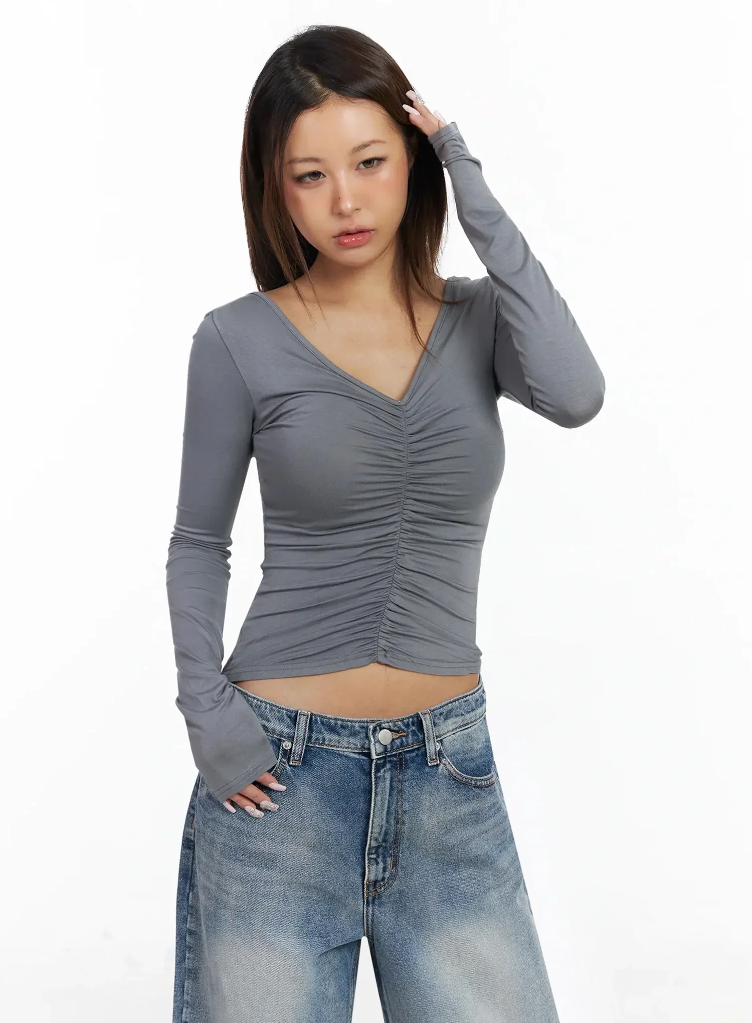 V-Neck Shirred Long Sleeve Top IA527 - Image 8