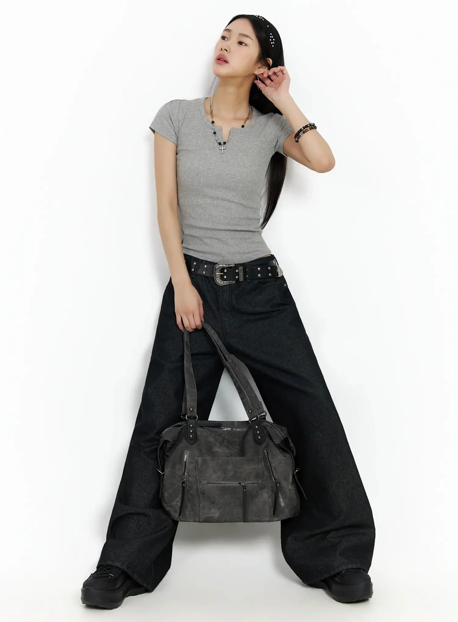 Vintage Leather Accent Shoulder Bag IM530 - Image 4