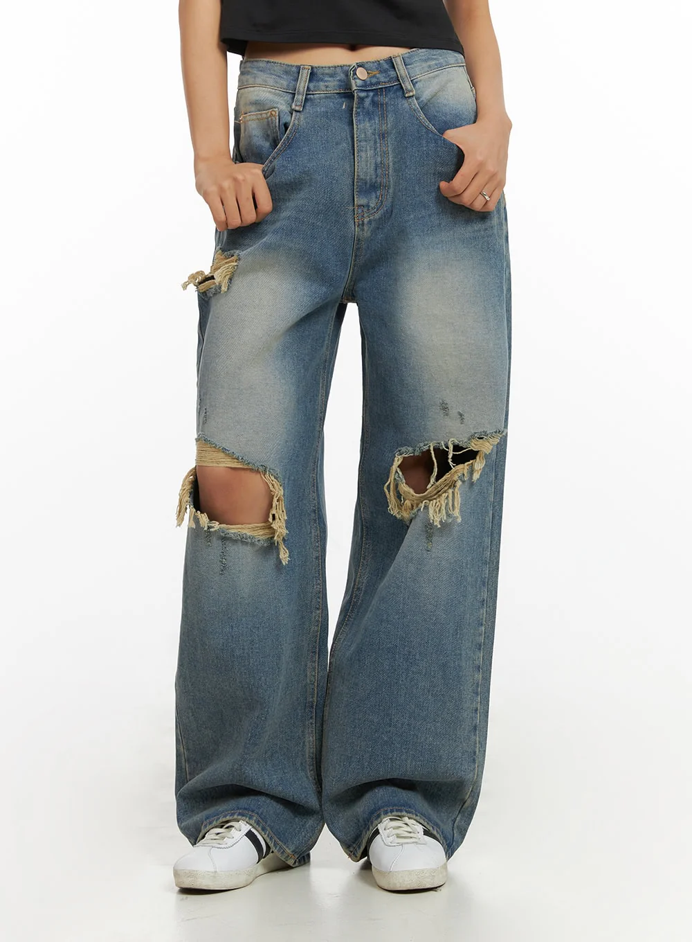 Vintage Washed Distressed Baggy Jeans IY422 - Image 2