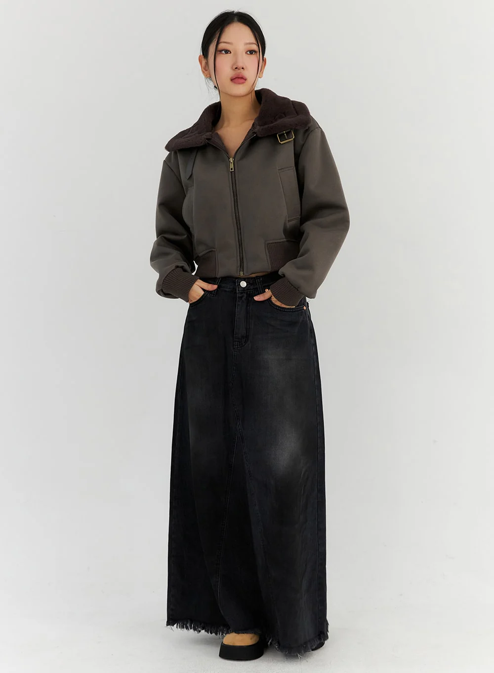 Washed Flare Maxi Denim Skirt CN315
