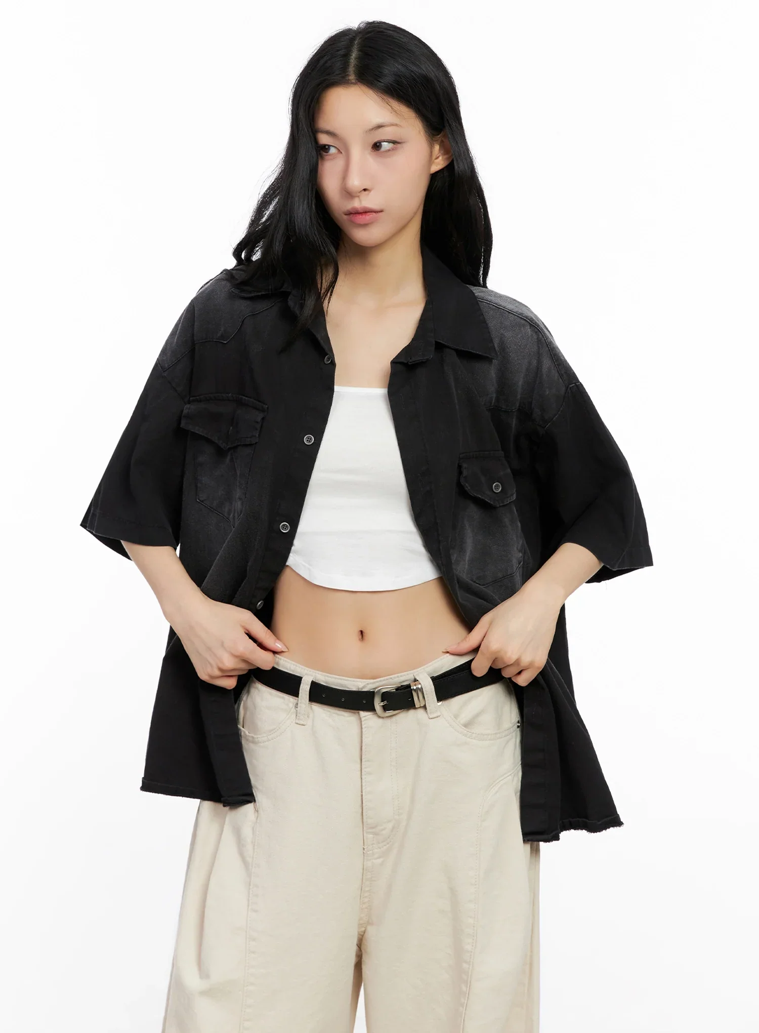 Washed Short-Sleeve Button-Up Shirt IG508 - Image 18