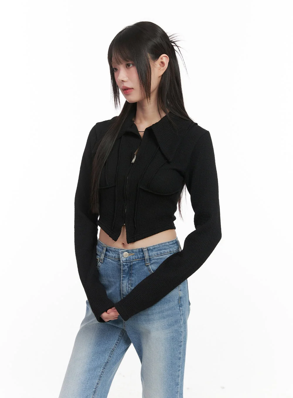 Zip-Up Collared Long-Sleeve Crop Top CJ523 - Image 9