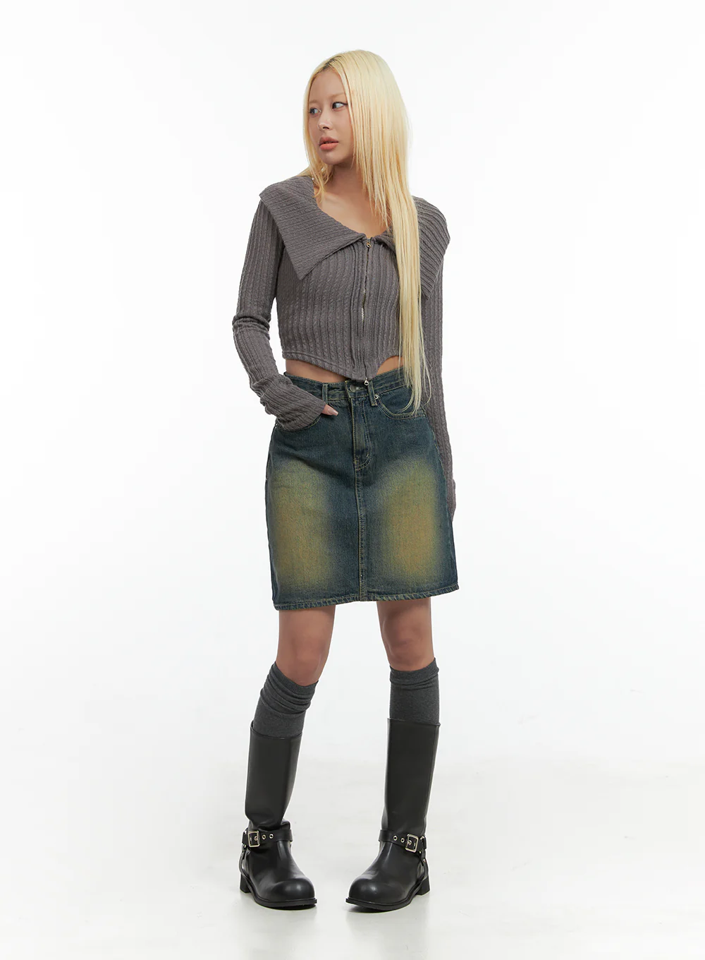 Zipper Chic Collared Crop Top CO415 - Image 2